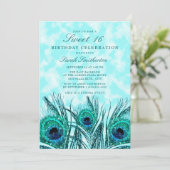 きらびやかなティール（緑がかった色）ブルーピーコックフェザーズスウィート16 招待状 (スタンド正面)