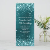 きらびやかなティール（緑がかった色）ブルーフォイル50誕生日 招待状 (スタンド正面)