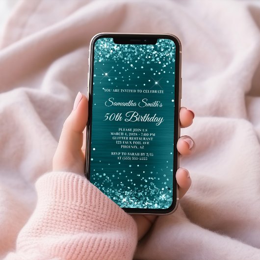 きらびやかなティール（緑がかった色）ブルーフォイル50誕生日 招待状