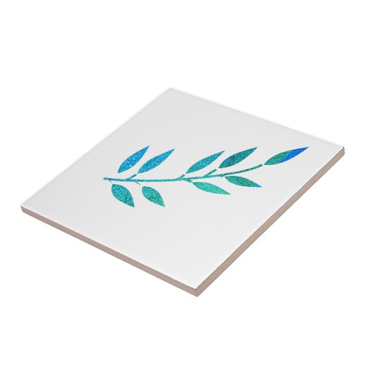 きらびやかなティール（緑がかった色）ブルーリーフパターンホワイトギフトデコール タイル (側面)