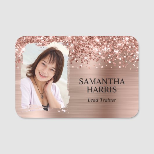 きらびやかなバラゴールドフォイル筆跡の写真 名札 (正面)