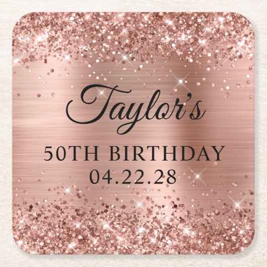 きらびやかなバラゴールドフォイル50誕生日 スクエアペーパーコースター (正面)