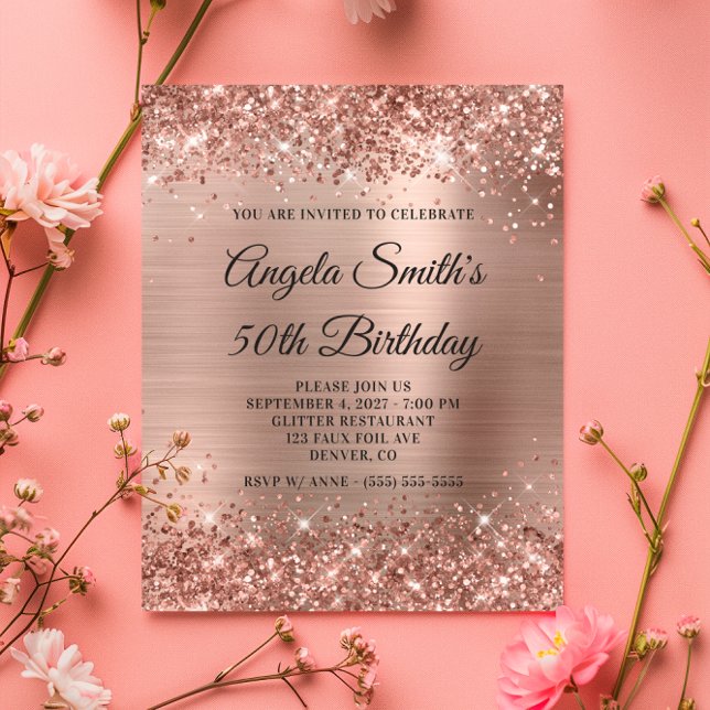 きらびやかなバラゴールドフォイル50th誕生日招待状 (Glittery Rose Gold Foil 50th Birthday Invite)