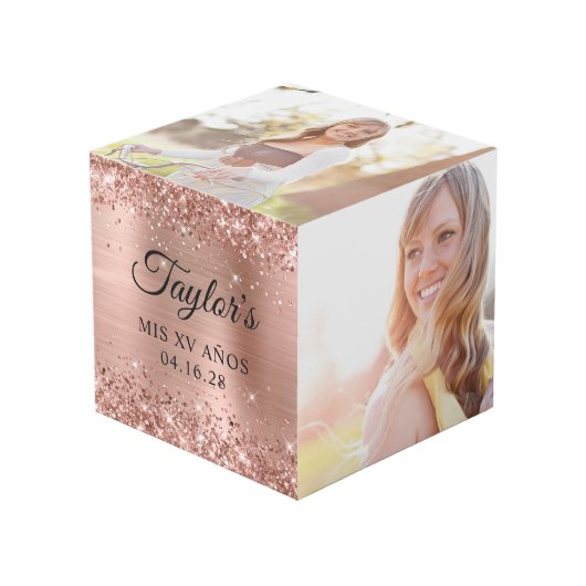 きらびやかなバラゴールドフォイルMis XVアニョス写真 フォトキューブ (正面アングル)