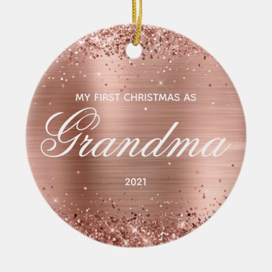 きらびやかなバラ金ゴールドおばあちゃんの私の初めてのクリスマス セラミックオーナメント (正面)