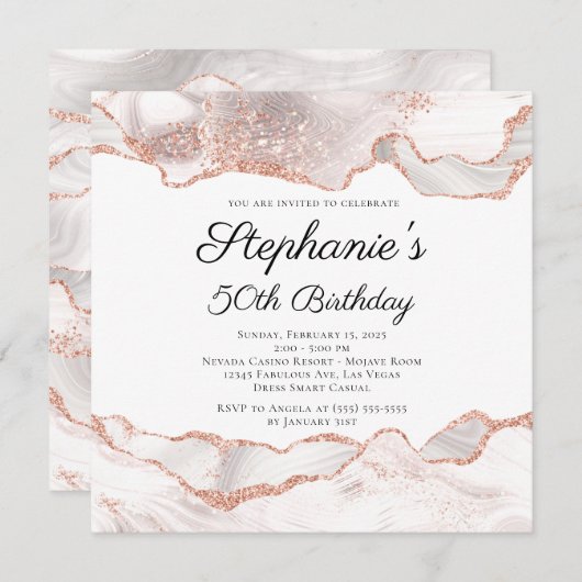 きらびやかなバラ金ゴールドホワイトアゲート50誕生日 招待状 (正面/裏面)