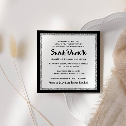 きらびやかなバルミツワーブラックシルバースクエア 招待状