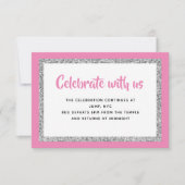 きらびやかなバルミツワーホットピンク&シルバー詳細カード 招待状 (正面)