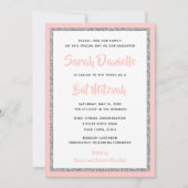 きらびやかなバルミツワーライトピンク&シルバー長方形 招待状 (正面)