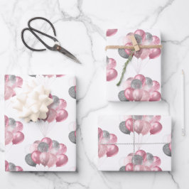 きらびやかなバルーンバンチピンクとシルバーパターン ラッピングペーパーシート