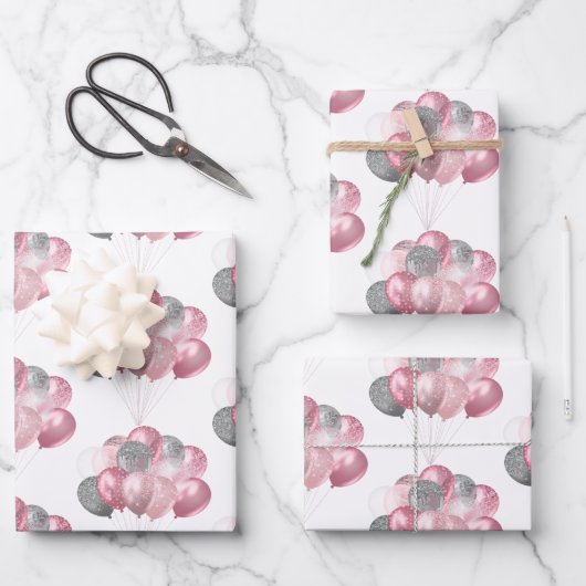 きらびやかなバルーンバンチピンクとシルバーパターン ラッピングペーパーシート (正面)
