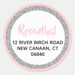きらびやかなピンクとシルバー差出人住所 ラウンドシール