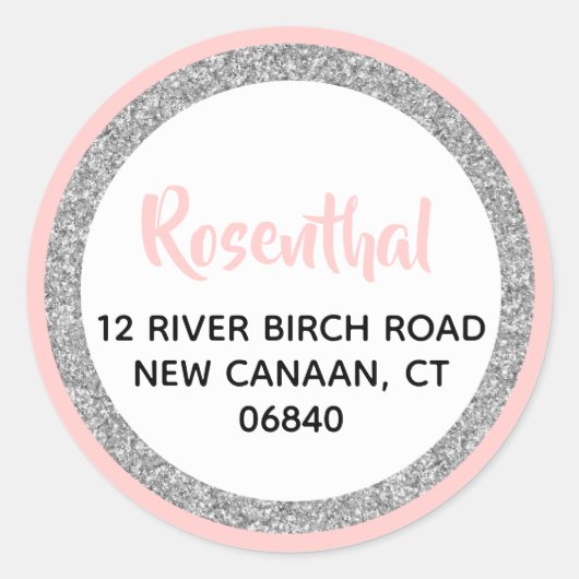 きらびやかなピンクとシルバー差出人住所 ラウンドシール (正面)