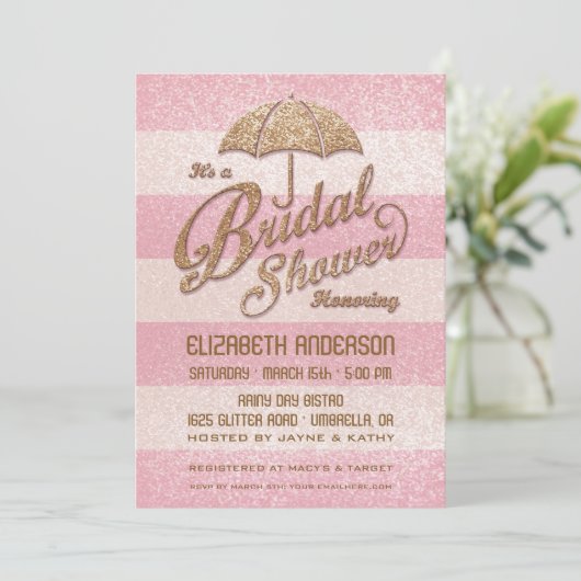 きらびやかなピンクのはっきりしたでストライプなブライダルシャワーの招待 招待状 (スタンド正面)