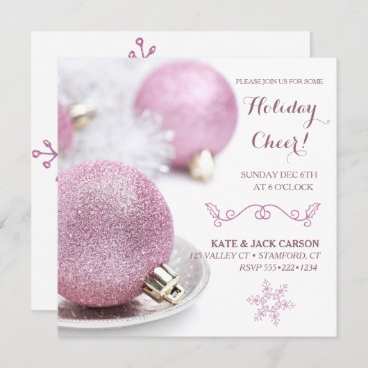 きらびやかなピンクのオーナメントのモダンのクリスマス 招待状 (正面/裏面)