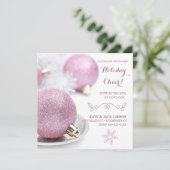 きらびやかなピンクのオーナメントのモダンのクリスマス 招待状 (スタンド正面)