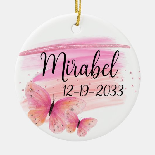 きらびやかなピンクのバラパーソナライズされた蝶 セラミックオーナメント (正面)