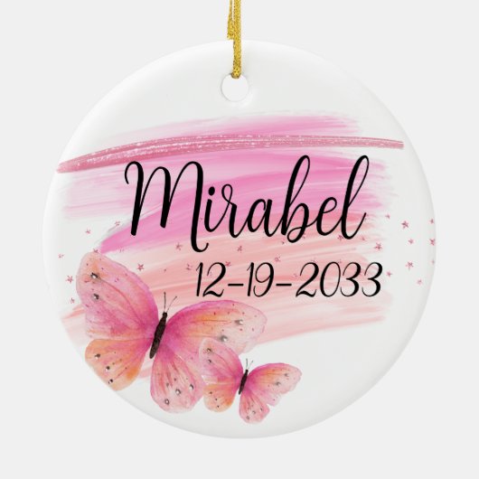 きらびやかなピンクのバラパーソナライズされた蝶 セラミックオーナメント (裏面)