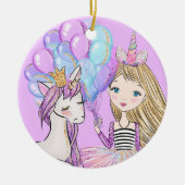 きらびやかなピンクのユニコーンガールズ誕生日セラミックオルナム セラミックオーナメント (正面)