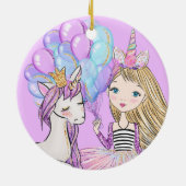 きらびやかなピンクのユニコーンガールズ誕生日セラミックオルナム セラミックオーナメント (裏面)