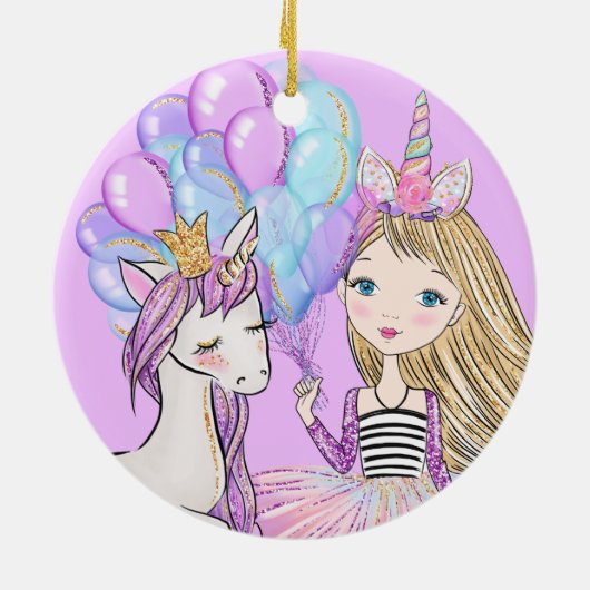 きらびやかなピンクのユニコーンガールズ誕生日セラミックオルナム セラミックオーナメント (裏面)