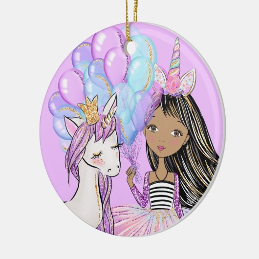 きらびやかなピンクのユニコーンガールズ誕生日セラミックオルナム セラミックオーナメント (左)