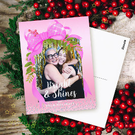きらびやかなピンクのリボン写真クリスマスピンク ポストカード