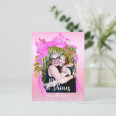 きらびやかなピンクのリボン写真クリスマスピンク ポストカード (スタンド正面)