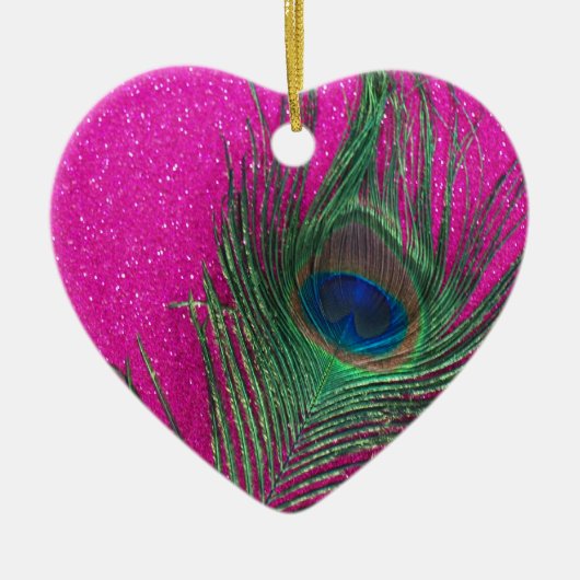 きらびやかなピンクの孔雀の羽 セラミックオーナメント (正面)