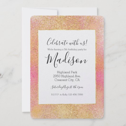 きらびやかなピンクの金ゴールドきらめき 招待状 (正面)