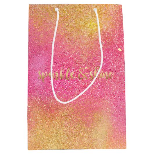 きらびやかなピンクの金ゴールド輝きと輝き ミディアムペーパーバッグ (正面)