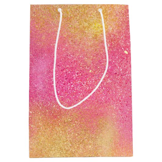 きらびやかなピンクの金ゴールド輝きと輝き ミディアムペーパーバッグ (正面)