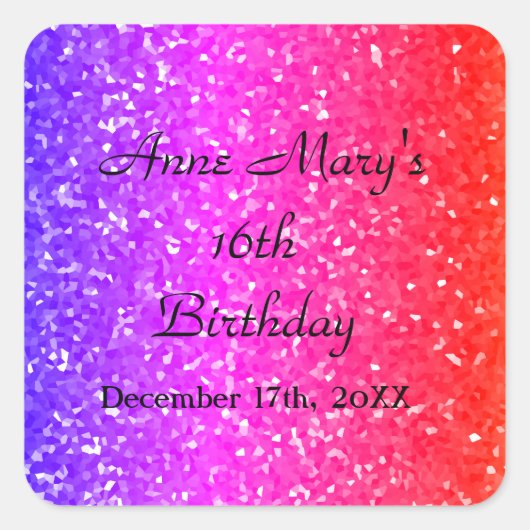 きらびやかなピンクスパークル名前をカスタムする16誕生日 スクエアシール (正面)