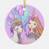 きらびやかなピンクユニコーンガールズ誕生日 セラミックオーナメント (正面)