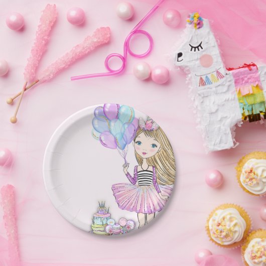 きらびやかなピンク誕生日ブロンドガールユニコーン ペーパープレート (パーティー)
