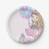 きらびやかなピンク誕生日ブロンドガールユニコーン ペーパープレート (正面)