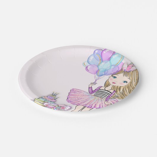 きらびやかなピンク誕生日ブロンドガールユニコーン ペーパープレート (アングル)