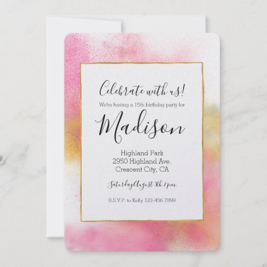 きらびやかなピンク金ゴールドホワイトスパークルアンドシャイン誕生日 招待状 (正面)