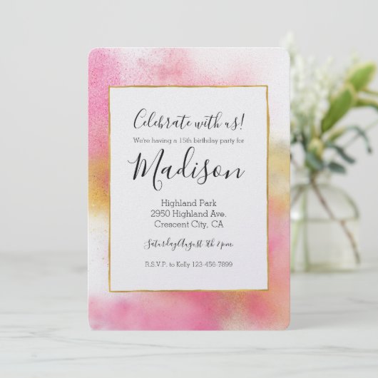 きらびやかなピンク金ゴールドホワイトスパークルアンドシャイン誕生日 招待状 (スタンド正面)