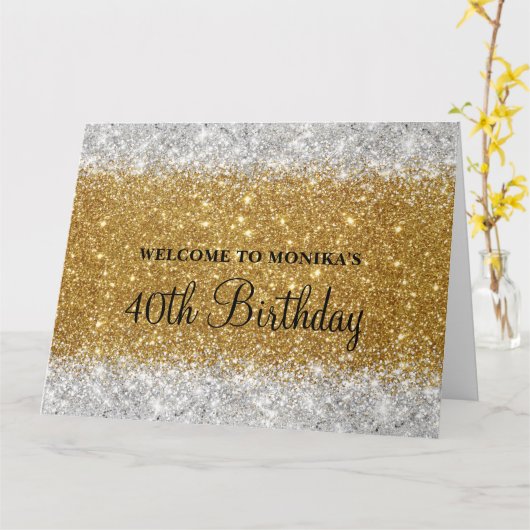 きらびやかなフェイク金ゴールドシルバー40歳の誕生日へようこそ カード (黄色い花)