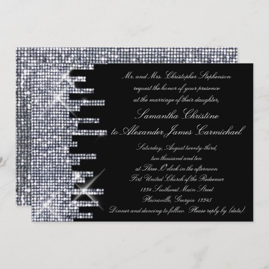 きらびやかなブラック/シルバーグラマー結婚式招待状 招待状 (正面/裏面)