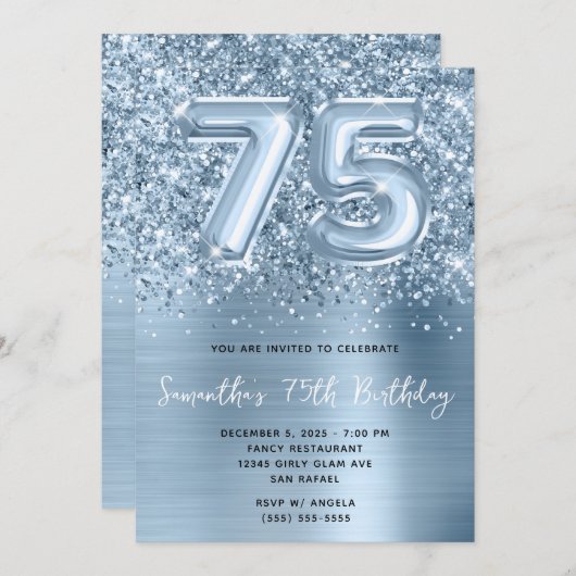 きらびやかなブルーバルーングラム75誕生日 招待状 (正面/裏面)