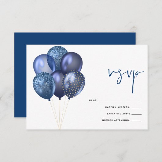 きらびやかなブルー金ゴールドバルーン60th誕生日パーティー 出欠カード (正面/裏面)