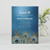 きらびやかなブルー金ゴールドピーコックフェザーズスウィート16 招待状 (スタンド正面)