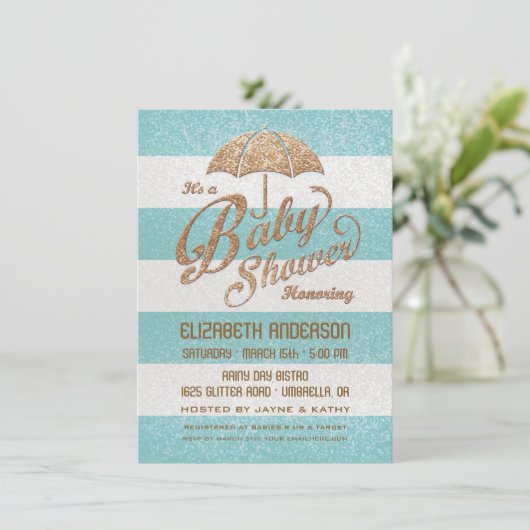 きらびやかなブルー&金ゴールド男の赤ちゃんシャワー招待状 招待状 (スタンド正面)