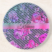 きらびやかなホットピンクとティール(緑がかった色)フローラ コースター (正面)