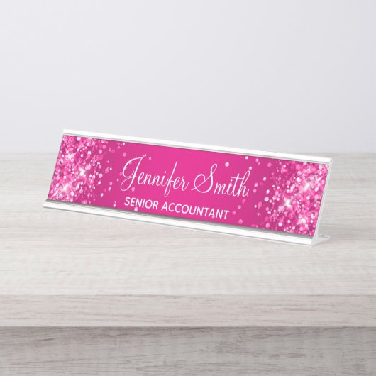 きらびやかなホットピンクのグラデーション デスクネームプレート (正面)