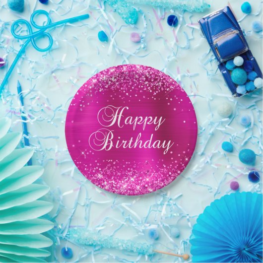 きらびやかなホットピンクフォイルハッピーバースデー ペーパープレート (パーティー)