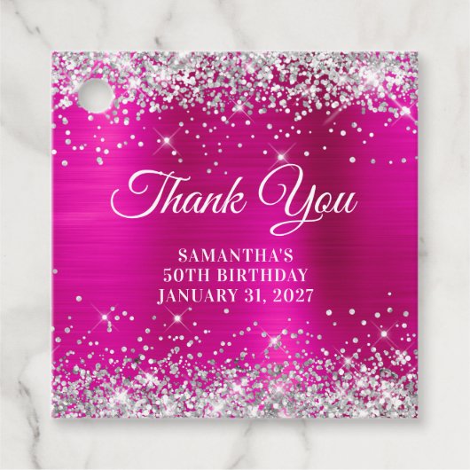 きらびやかなホットピンクモノグラム50誕生日ありがとう フェイバータグ (正面)