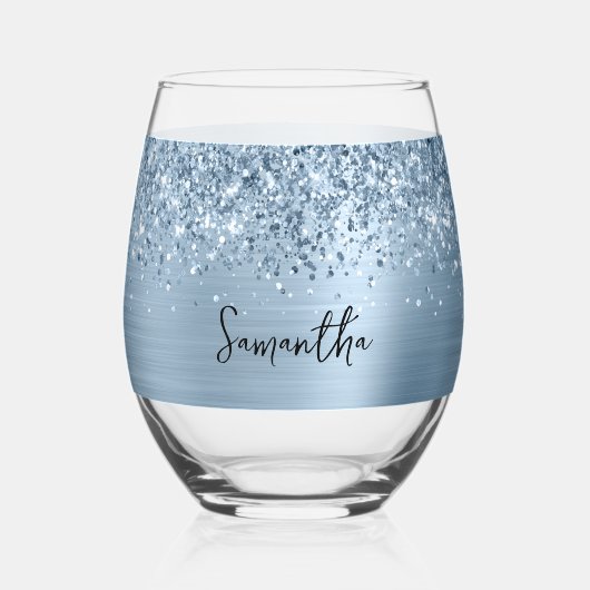 きらびやかなライトブルーのガラス名 ステムなしワイングラス (正面)